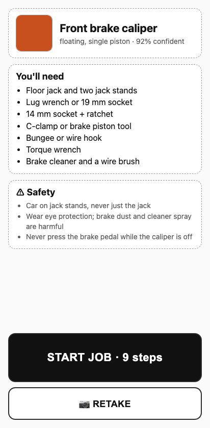 The app has identified a front brake caliper and lists the tools you'll need